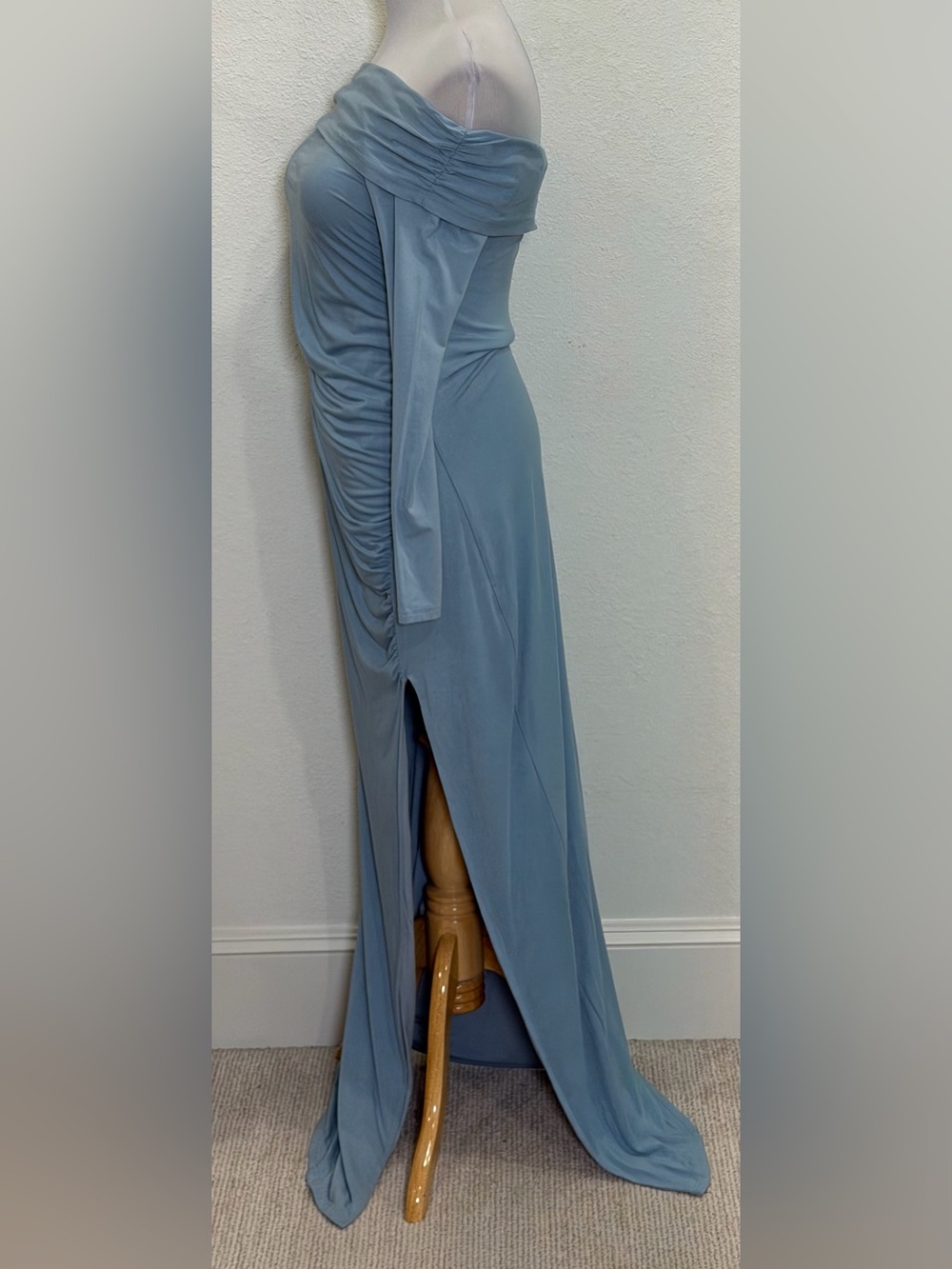 Bumpsuit Maternity Off the Shoulder Evening Maxi Dress Large Powder Blue Gown - Picture 4 of 10